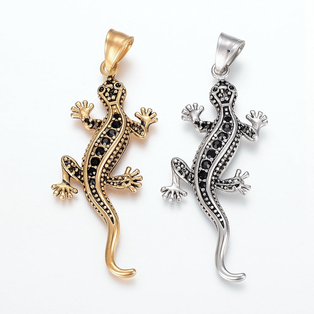 Pendentifs  "Lézard"avec strass - Noir & Argent