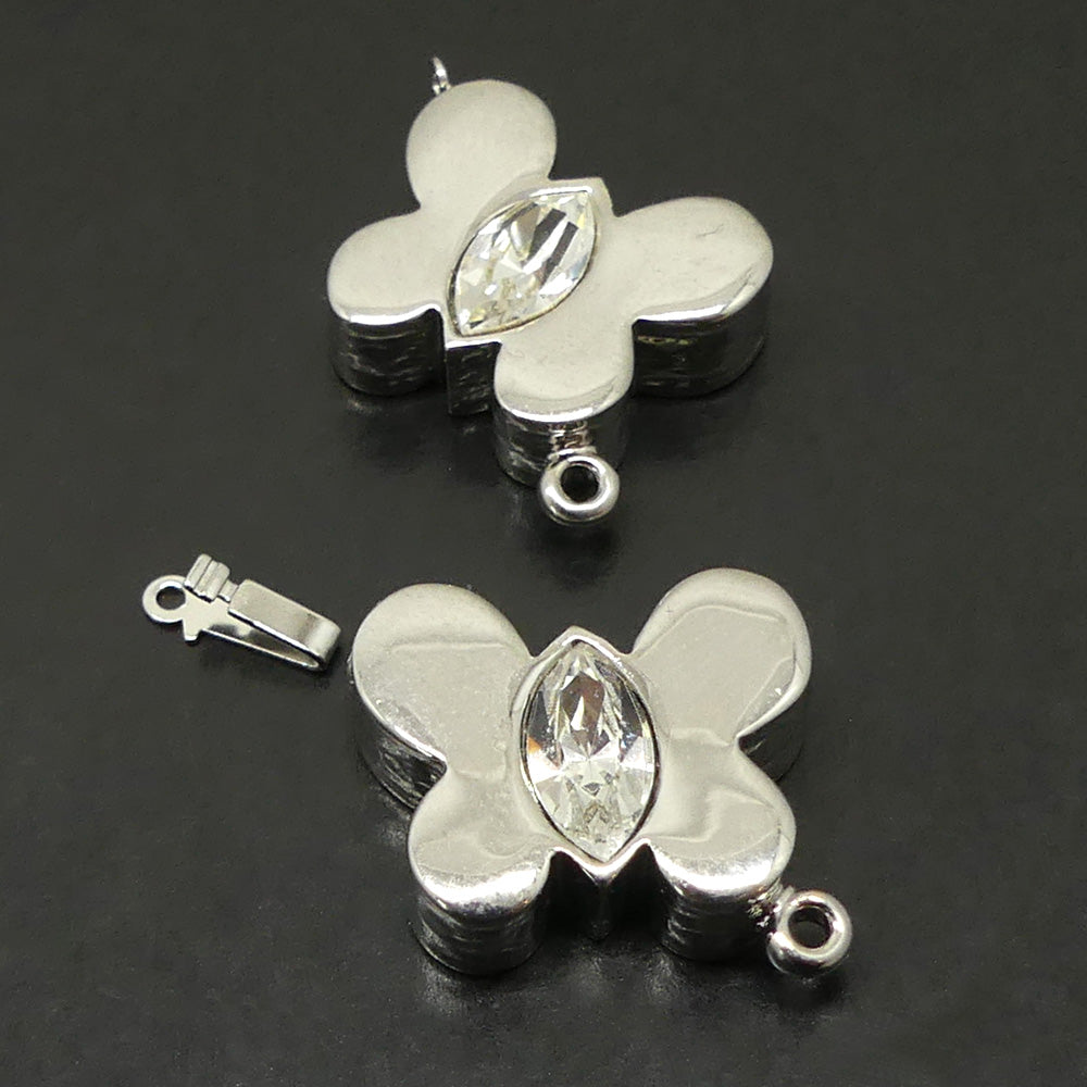Fermoir - Clip Papillon avec Cristal - Blanc argenté - Rhodium (1 pièce)