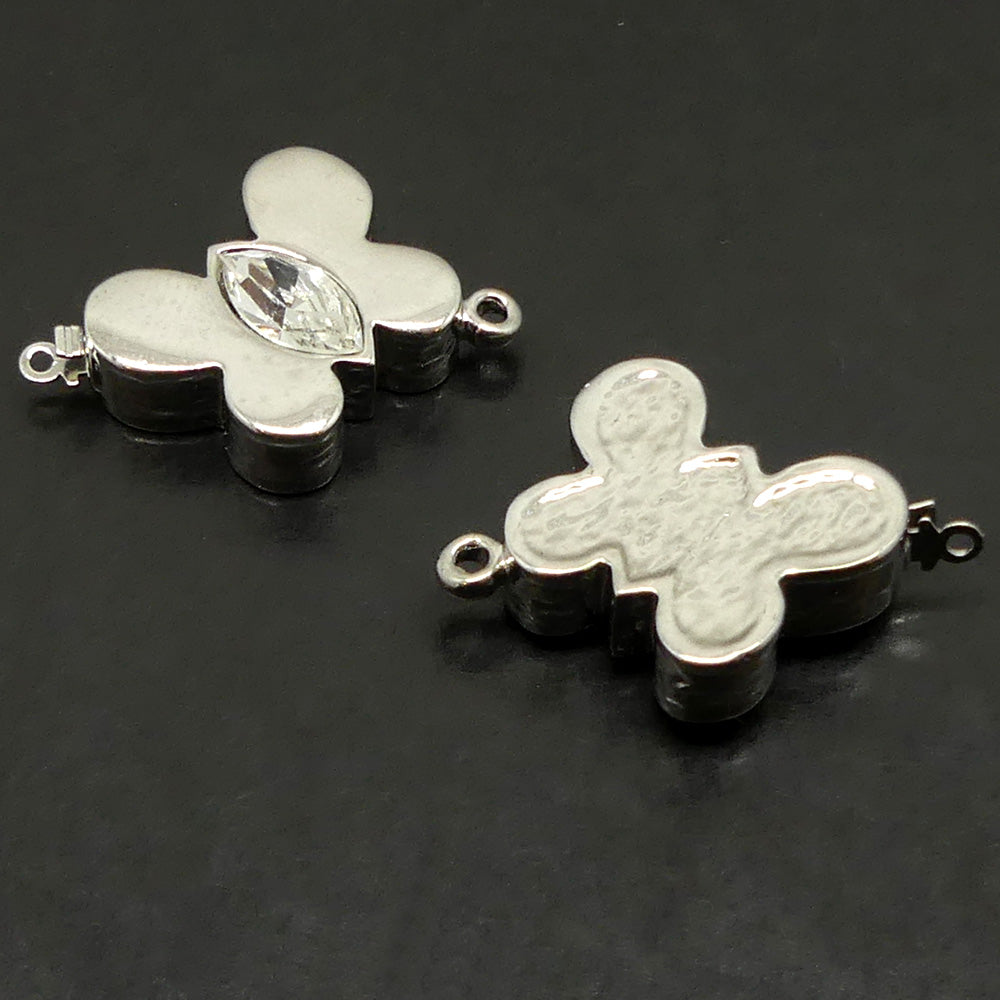 Fermoir - Clip Papillon avec Cristal - Blanc argenté - Rhodium (1 pièce)