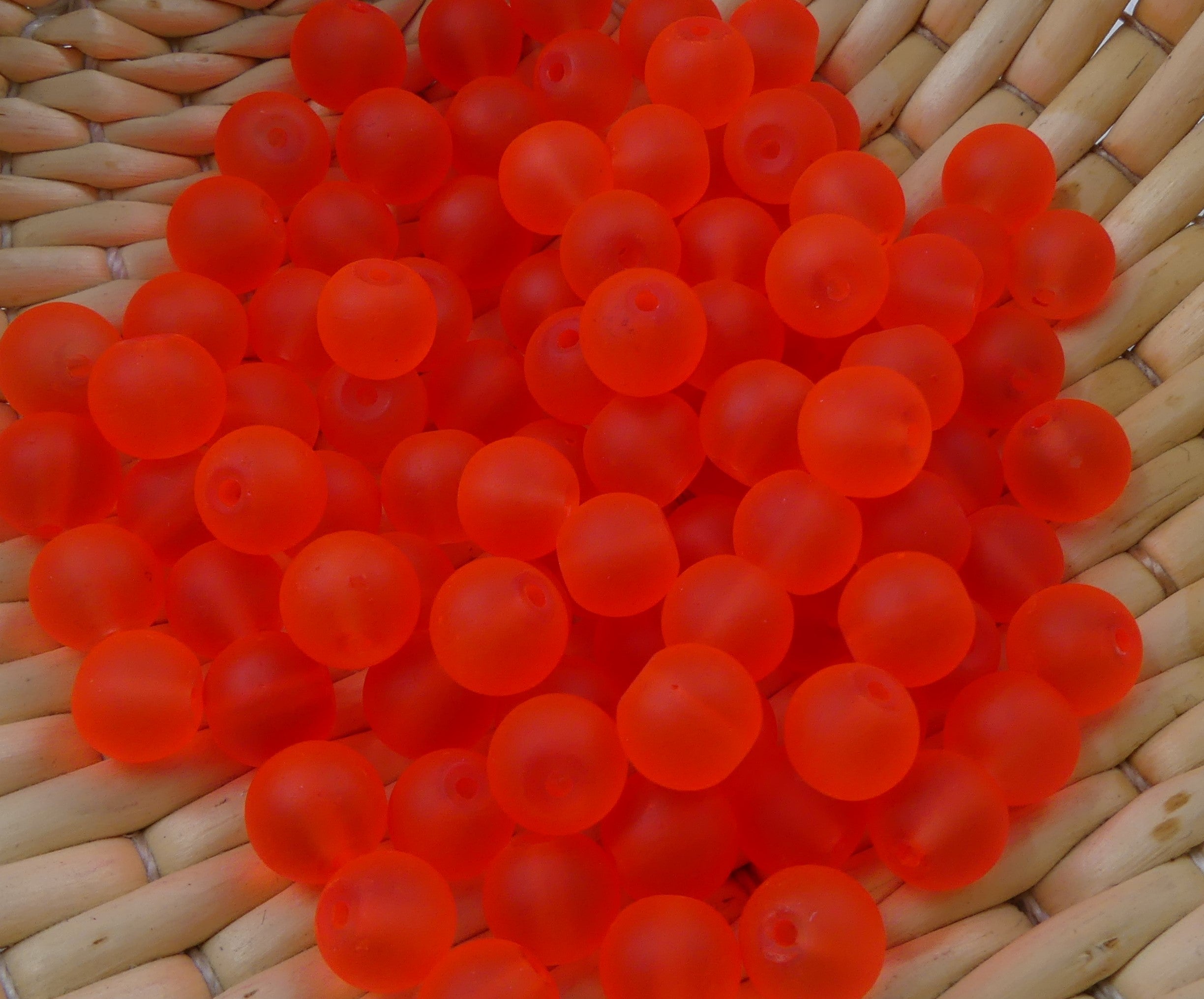 Perle de verre ronde givrée transparente 8 - Orange Rouge (10pces)