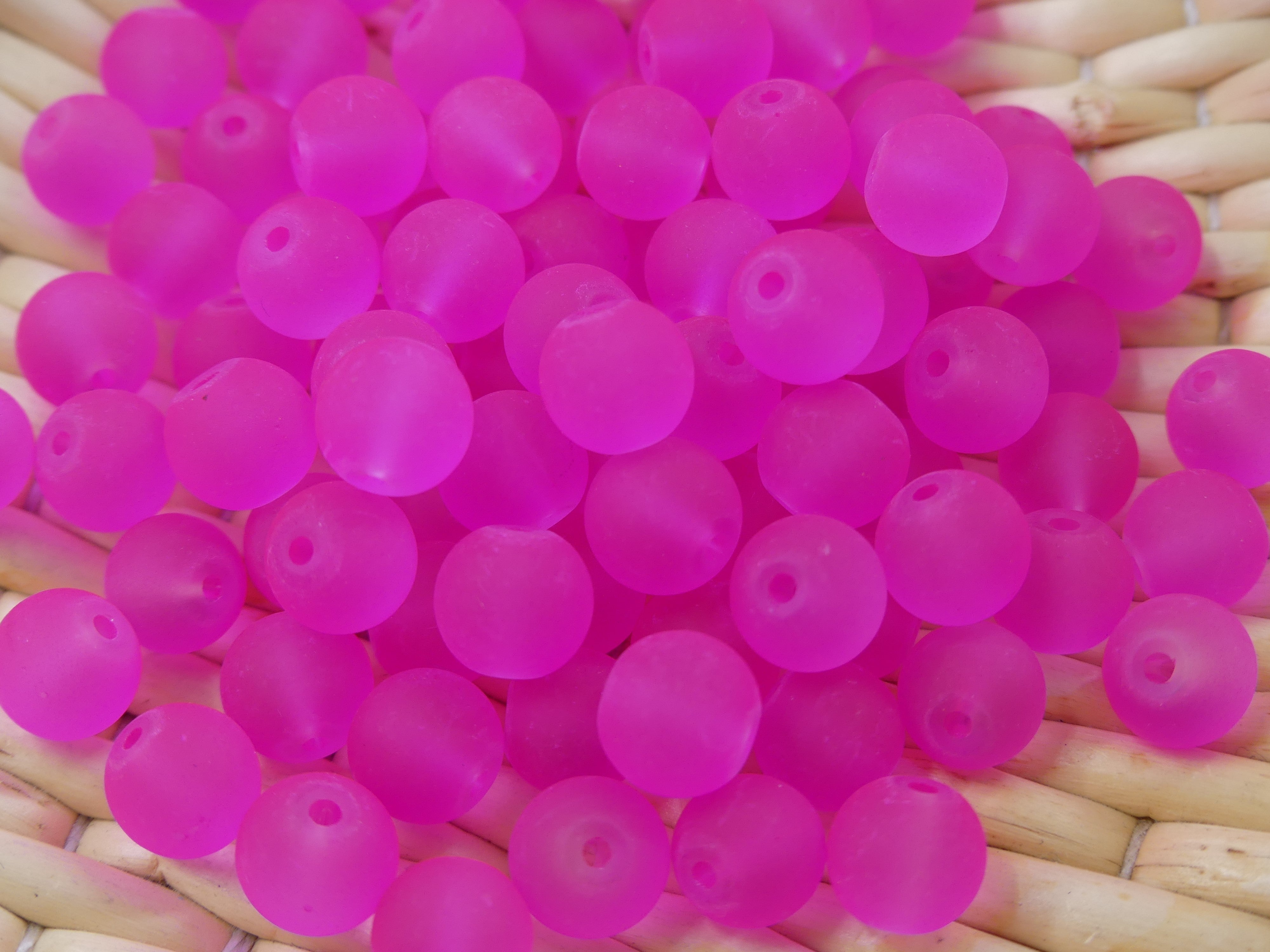 Perle de verre ronde givrée transparente 8 - Rose foncé (10pces)