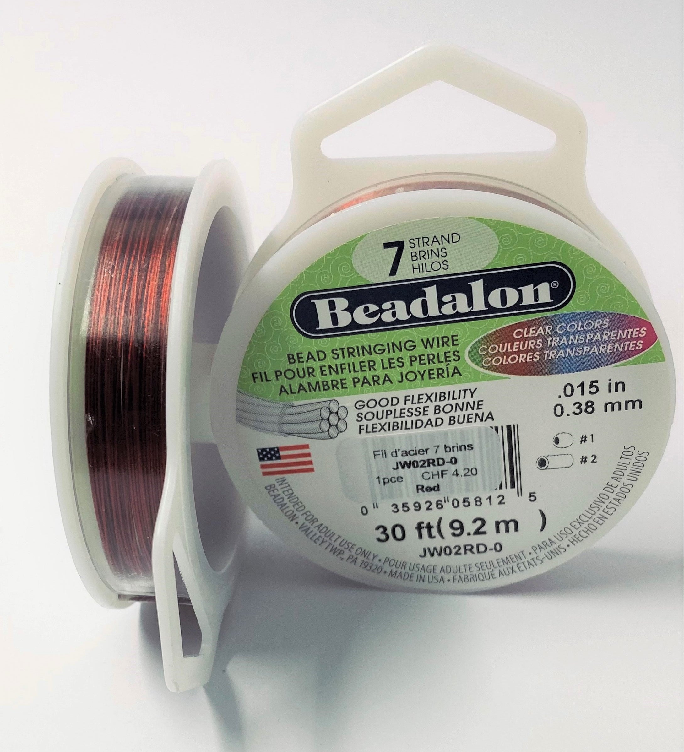 Fil pour perle 7 brins en acier inoxydable - 0.38 mm - Rouge (1 pce)
