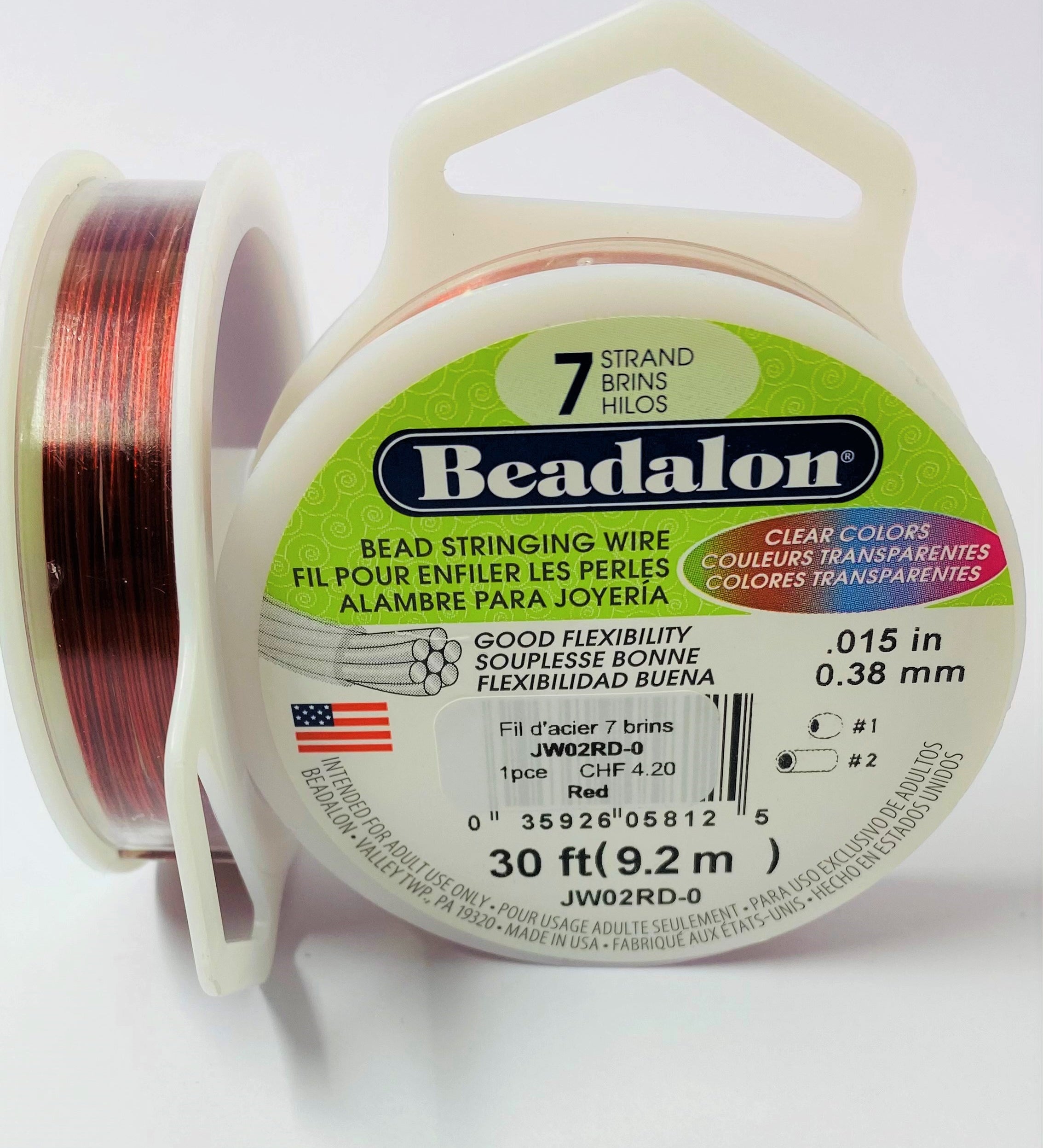 Fil pour perle 7 brins en acier inoxydable - 0.38 mm - Rouge (1 pce)