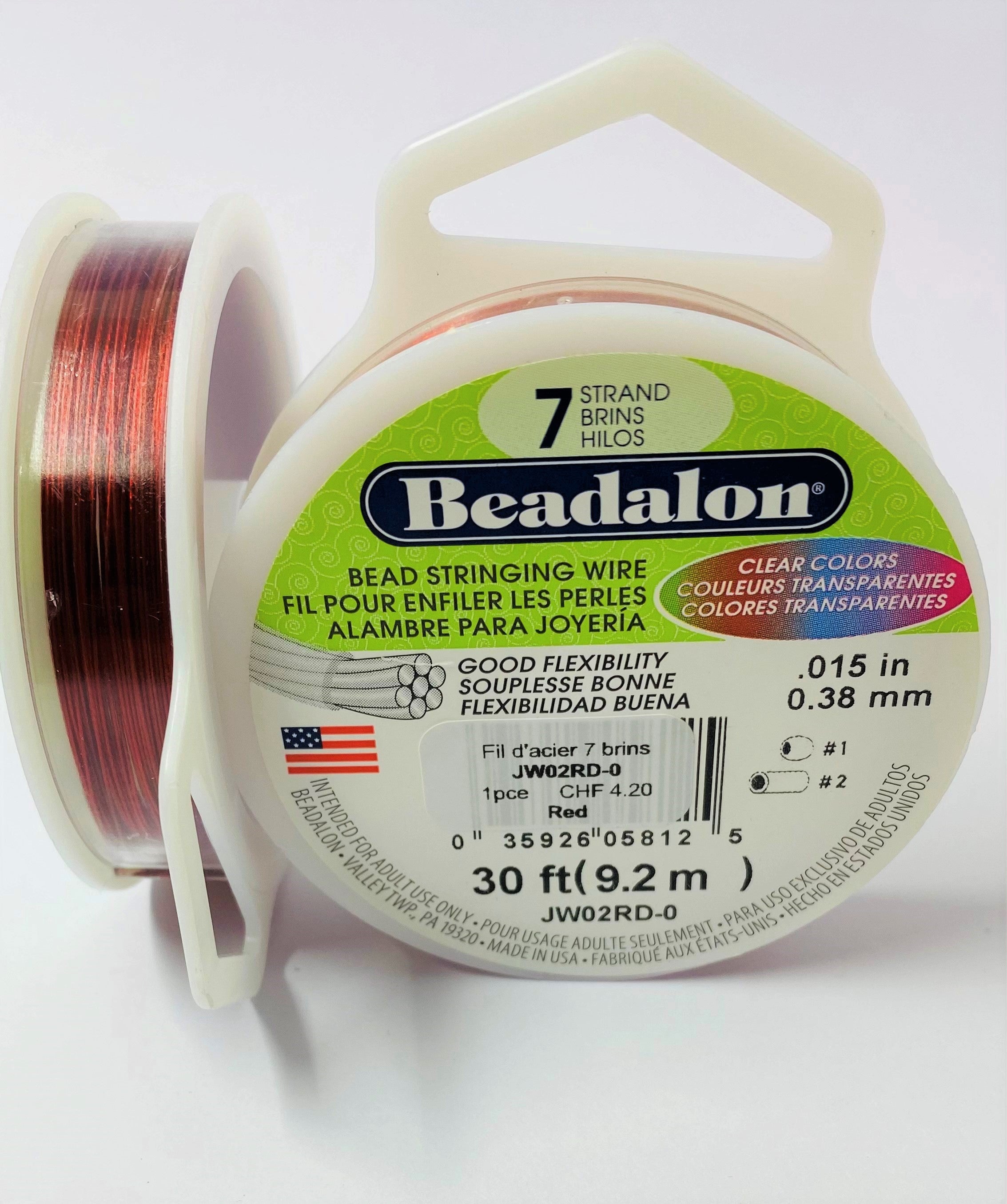 Fil pour perle 7 brins en acier inoxydable - 0.38 mm - Rouge (1 pce)