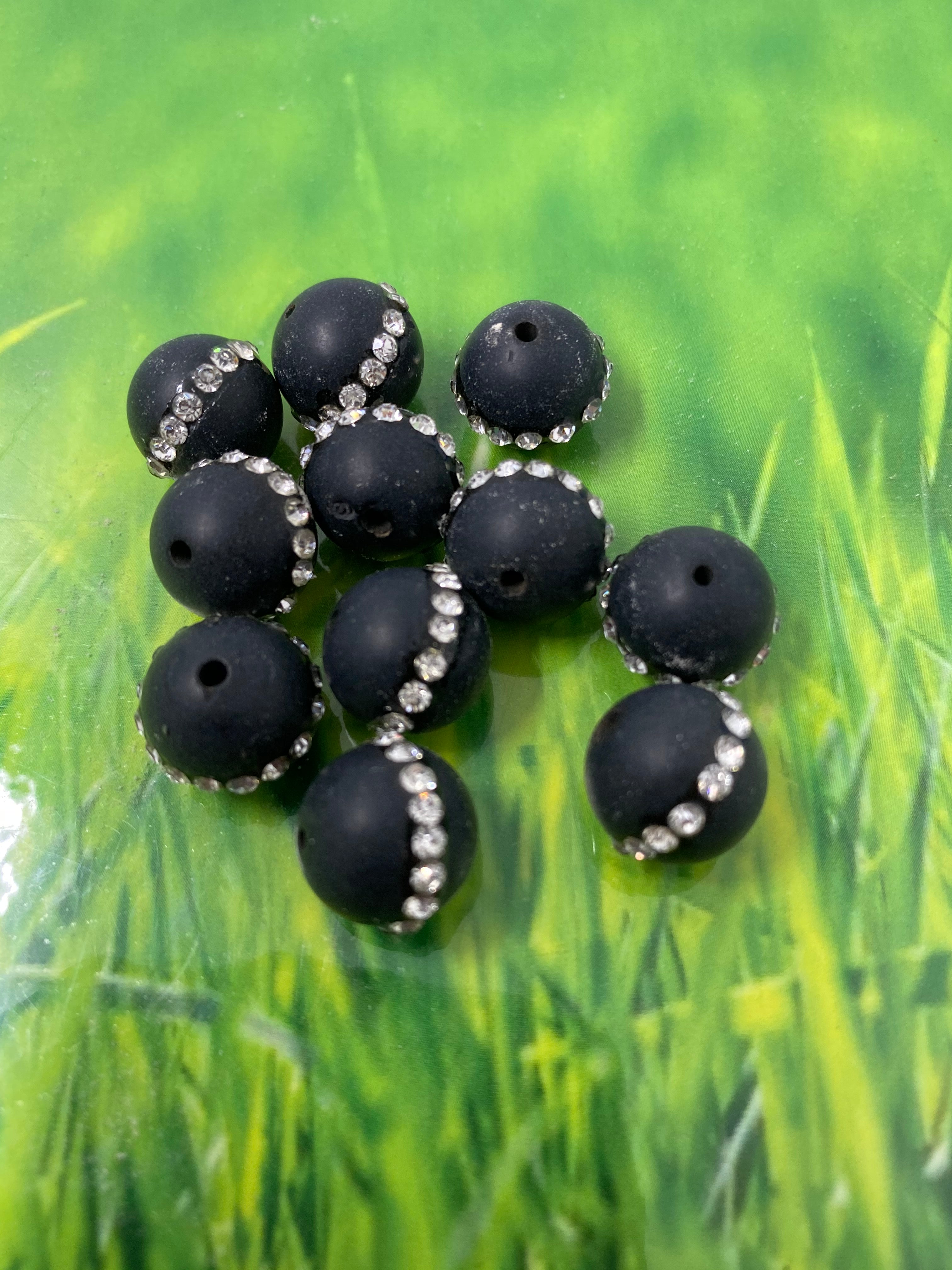 Ronde 12 - Agate naturelle Noir opaque-strass (1 pce)