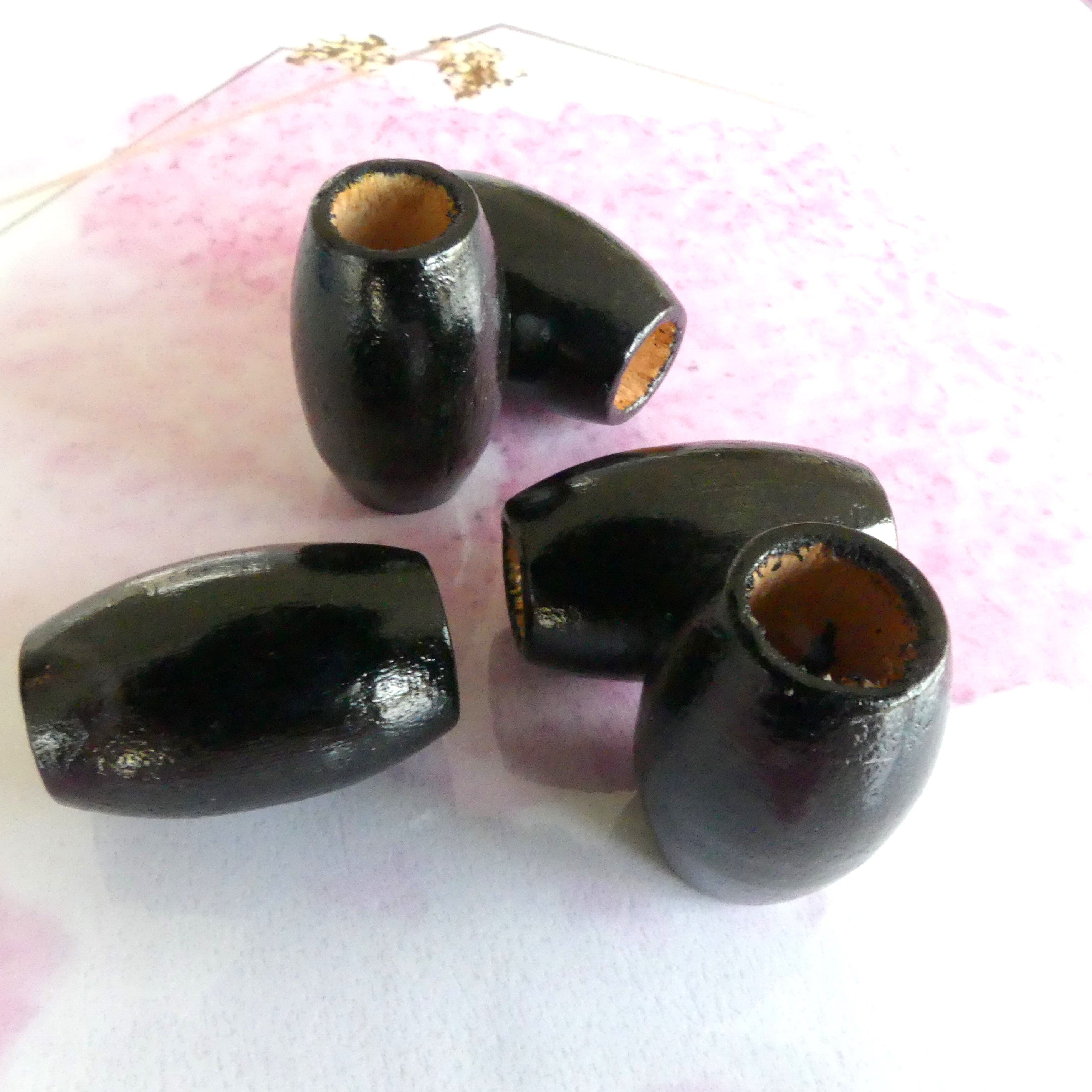 Perles de bois naturel "Tonneau " - Noir  - 5 pces