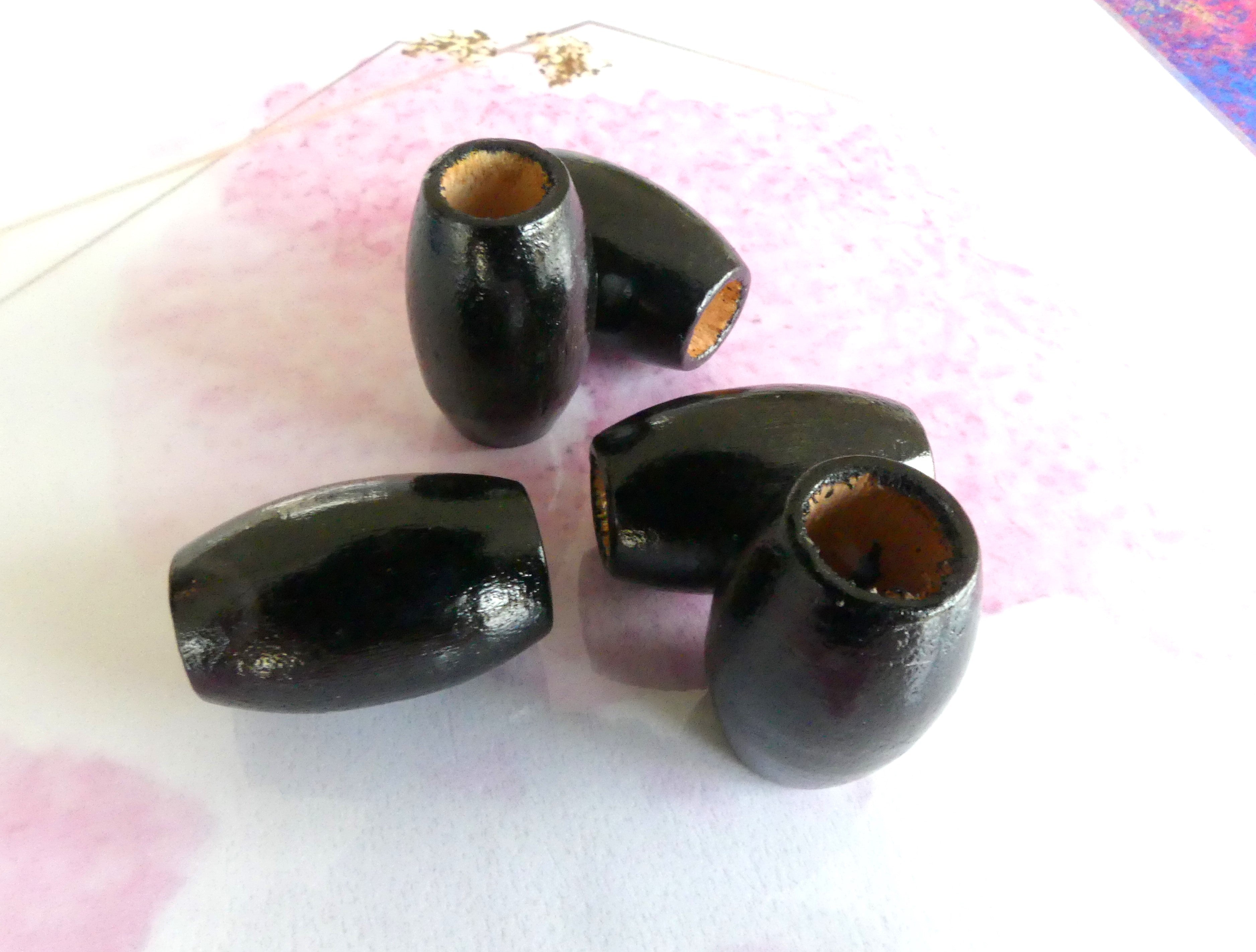 Perles de bois naturel "Tonneau " - Noir  - 5 pces