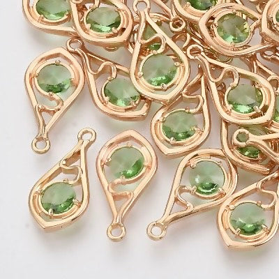 Pendentifs en verre à facettes, larme, or clair, vert printemps moyen (à la pièce)