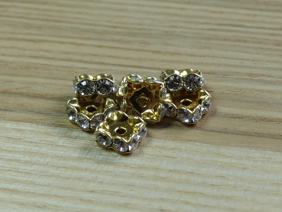 Séparateur - Carré 8 x 8 mm sertie de pierres de crystal - Doré & Crystal - 1 pièce