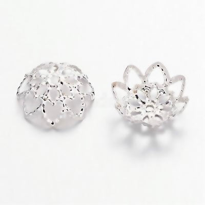 Couvre perle en fer double fleur couleur argentée (6pces)
