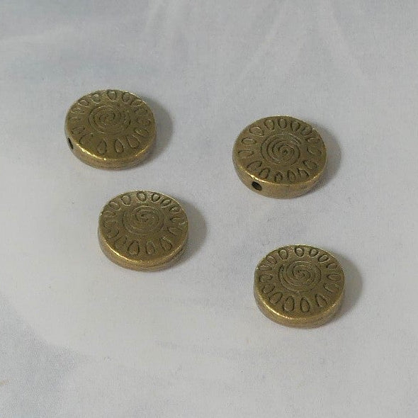 Perles en alliage de style tibétain, plat rond avec vortex, bronze antique (à la pce)