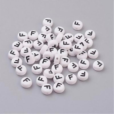 Perle alphabet acrylique "  F" - Blanc &  Noir - 1 pce