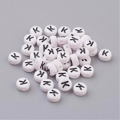 Perle alphabet acrylique "  K " - Blanc &  Noir - 1 pce