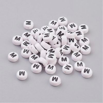 Perle alphabet acrylique "  M " - Blanc &  Noir - 1 pce