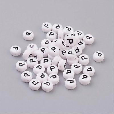 Perle alphabet acrylique "  P " - Blanc &  Noir - 1 pce