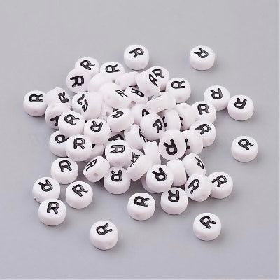 Perle alphabet acrylique " R " - Blanc & Noir - 1 pce