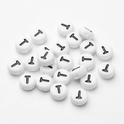 Perle alphabet acrylique "  T " - Blanc &  Noir - 1 pce