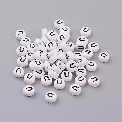 Perle alphabet acrylique " U " - Blanc & Noir - 1 pce