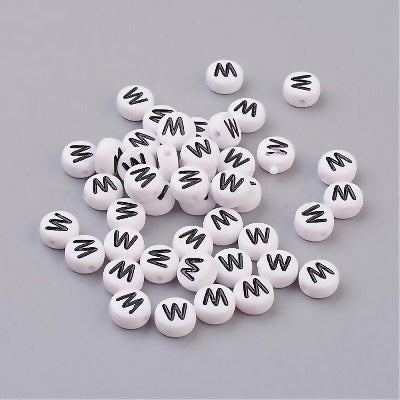 Perle alphabet acrylique "  W " - Blanc &  Noir - 1 pce